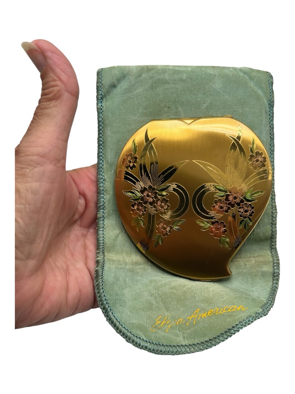 Vintage Elgin American Engraved Floral Heart Compact with Pouch